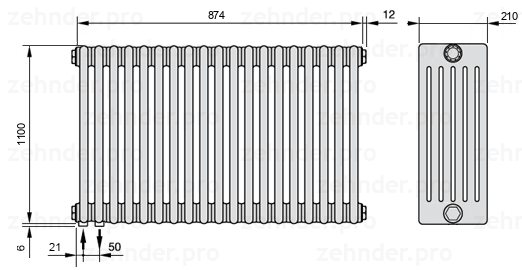 Схема (чертеж) Радиатор Zehnder Charleston 6110/19 №3370 Белый глянцевый RAL 9016